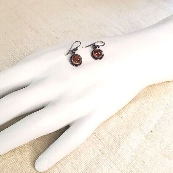 Amber Sterling 925 Silver Earrings Small Circle Drop Jewelry - Picture 6 of 6